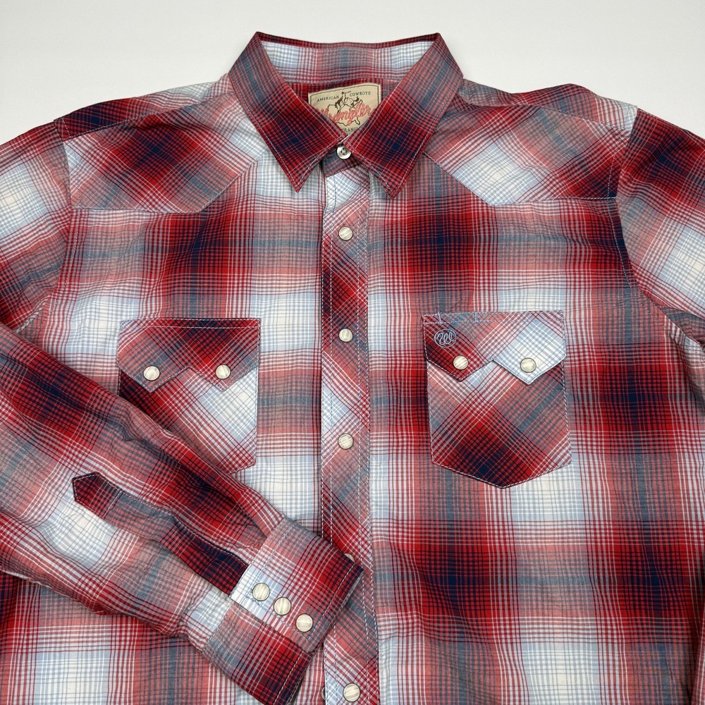 Vintage Wrangler Mens Large Red Plaid Long Sleeve Western Pearl Snap Saw Tooth